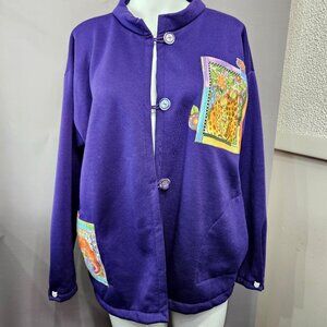 Womens Sweater Sweatshirt Cat Kitty Feline L Purple Button Pockets Embroidered